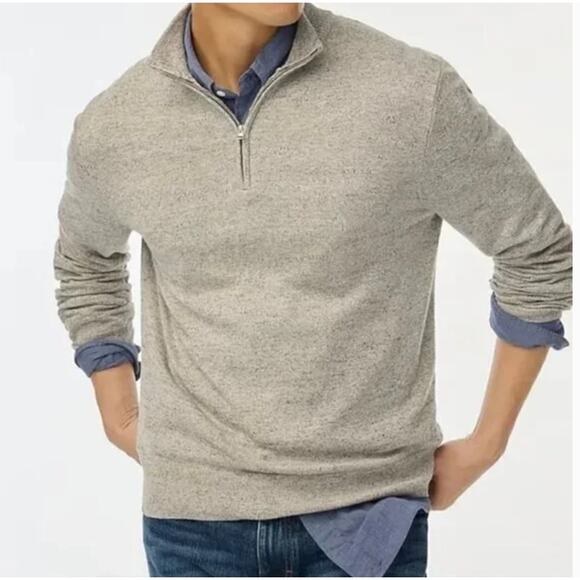 J. Crew Sweater Mens Medium Heathered Cream Grey Double Knit Half Zip Pullover - Picture 1 of 9